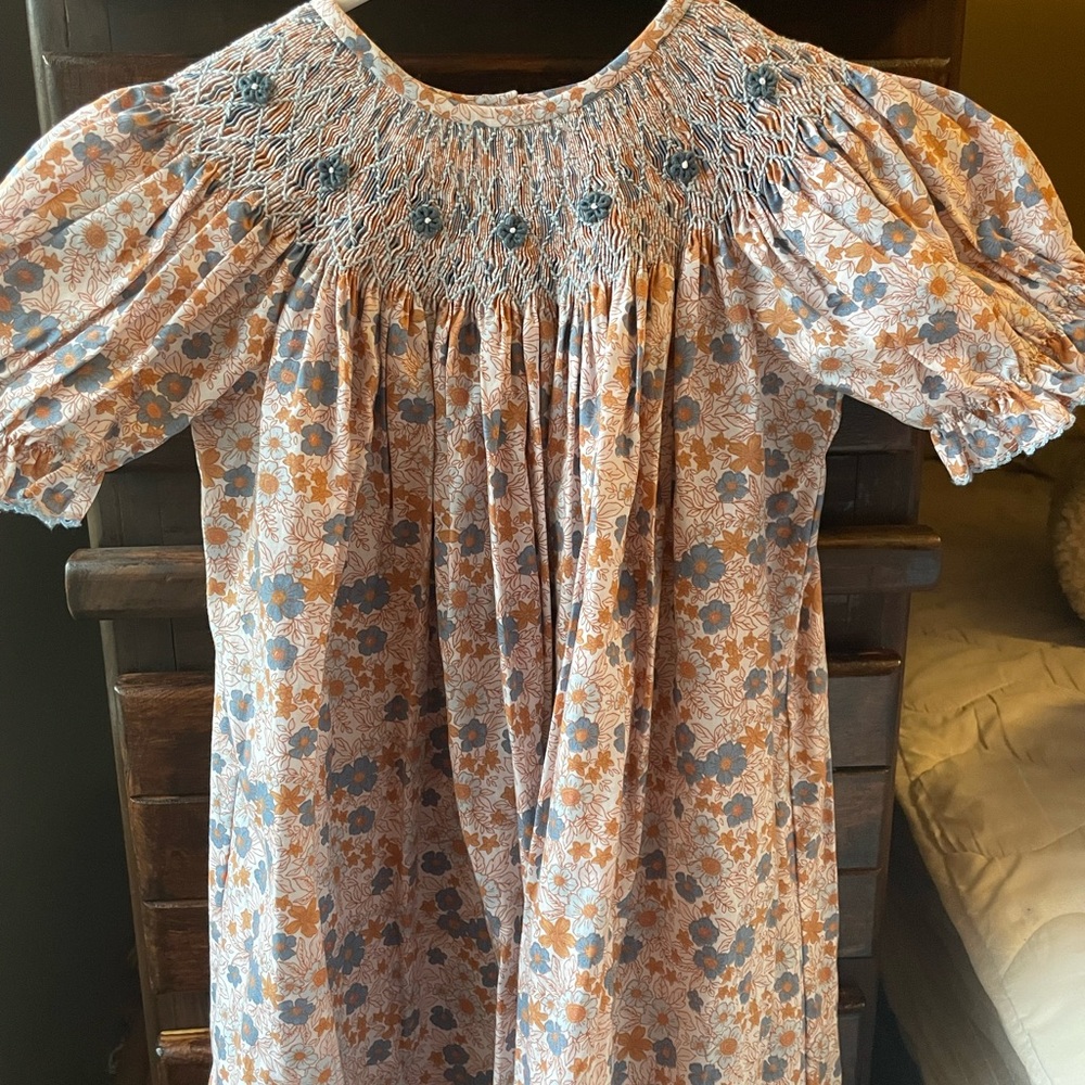 Elegant Floral Kids Dress in Orange and Blue - Picture 3 of 7